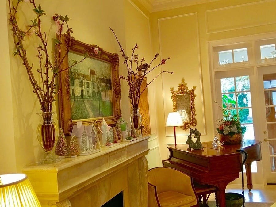 Flower arrangement on a fireplace mantle